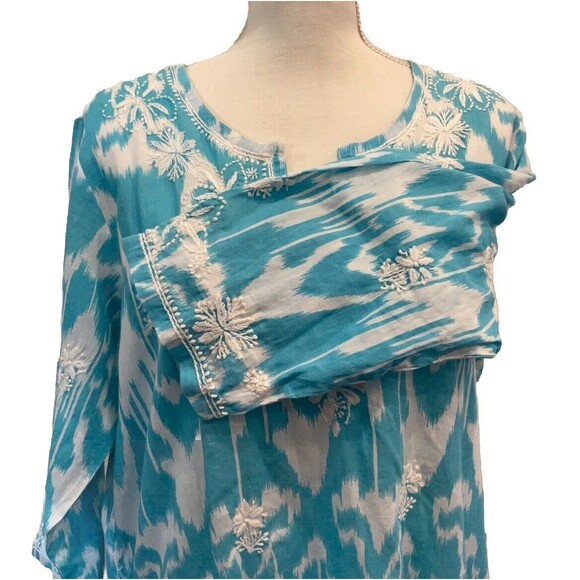 GRETCHEN SCOTT Women's Aqua Blue and White Patern Tunic Dress Size L - Picture 8 of 9